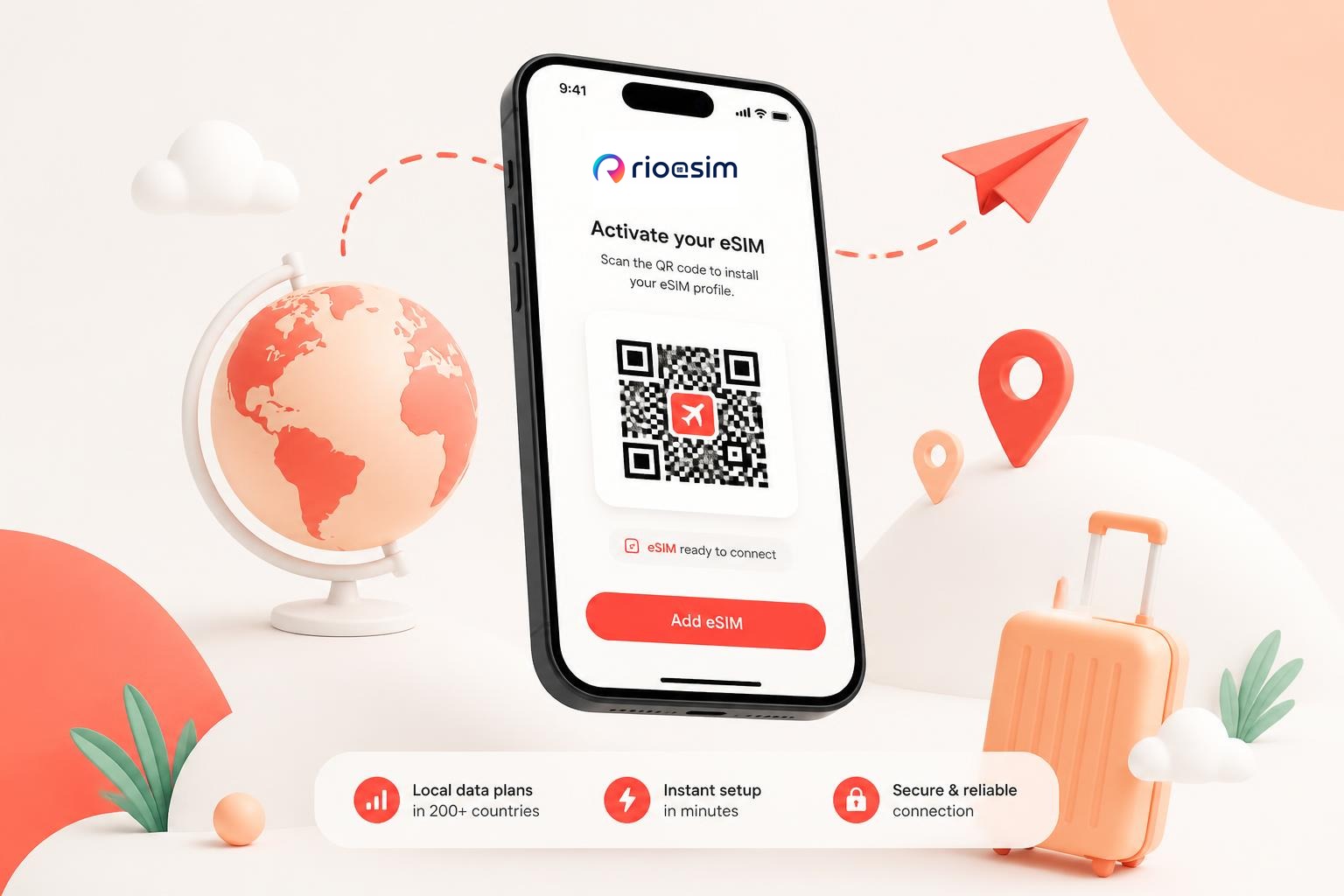 eSIM activation on a smartphone beside a glowing connected globe